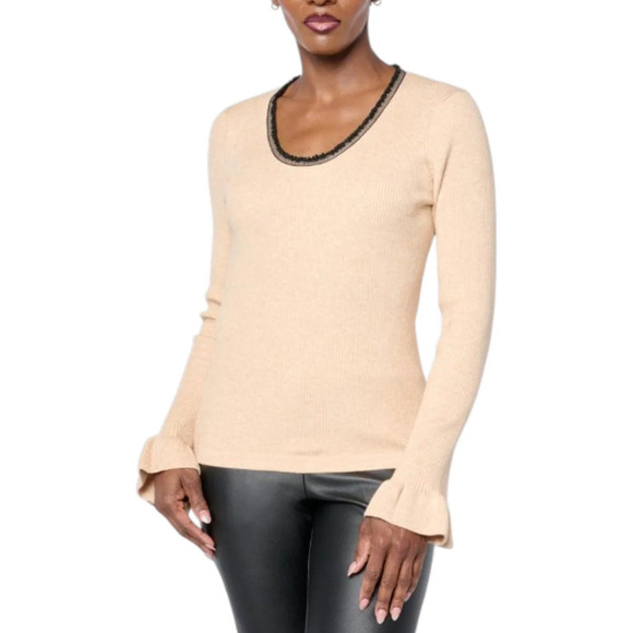 Badgley Mischka Tops - Badgley Mischka Women's Sweater Top with Beaded Neckline Biscuit - Regular